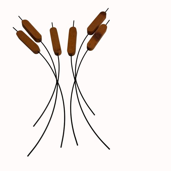 MCM Cattail Stems Wall Hanging Decorative Wood Metal Rustic Cabin Set of 2 - Picture 14 of 14